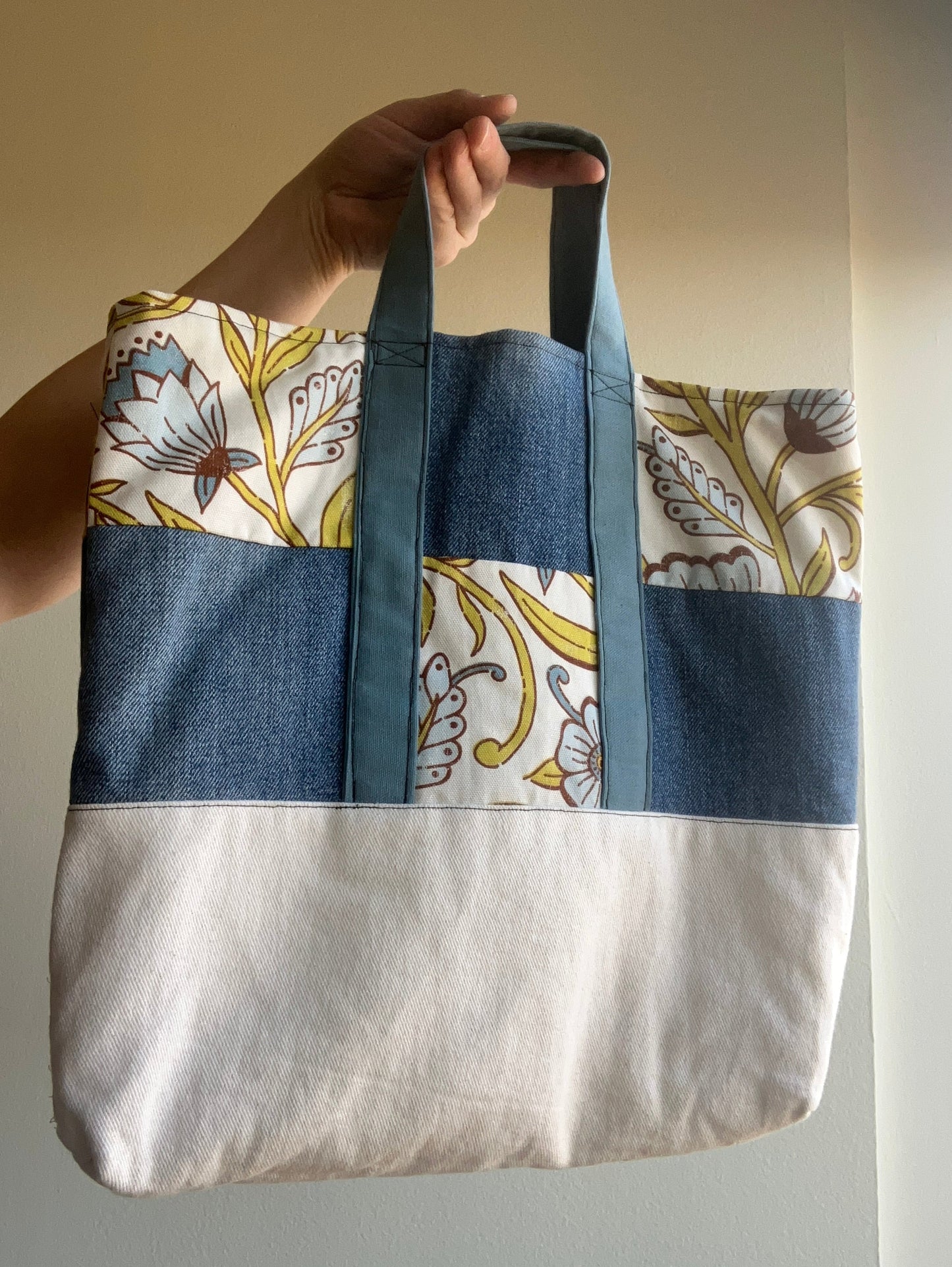 denim + floral patchwork tote